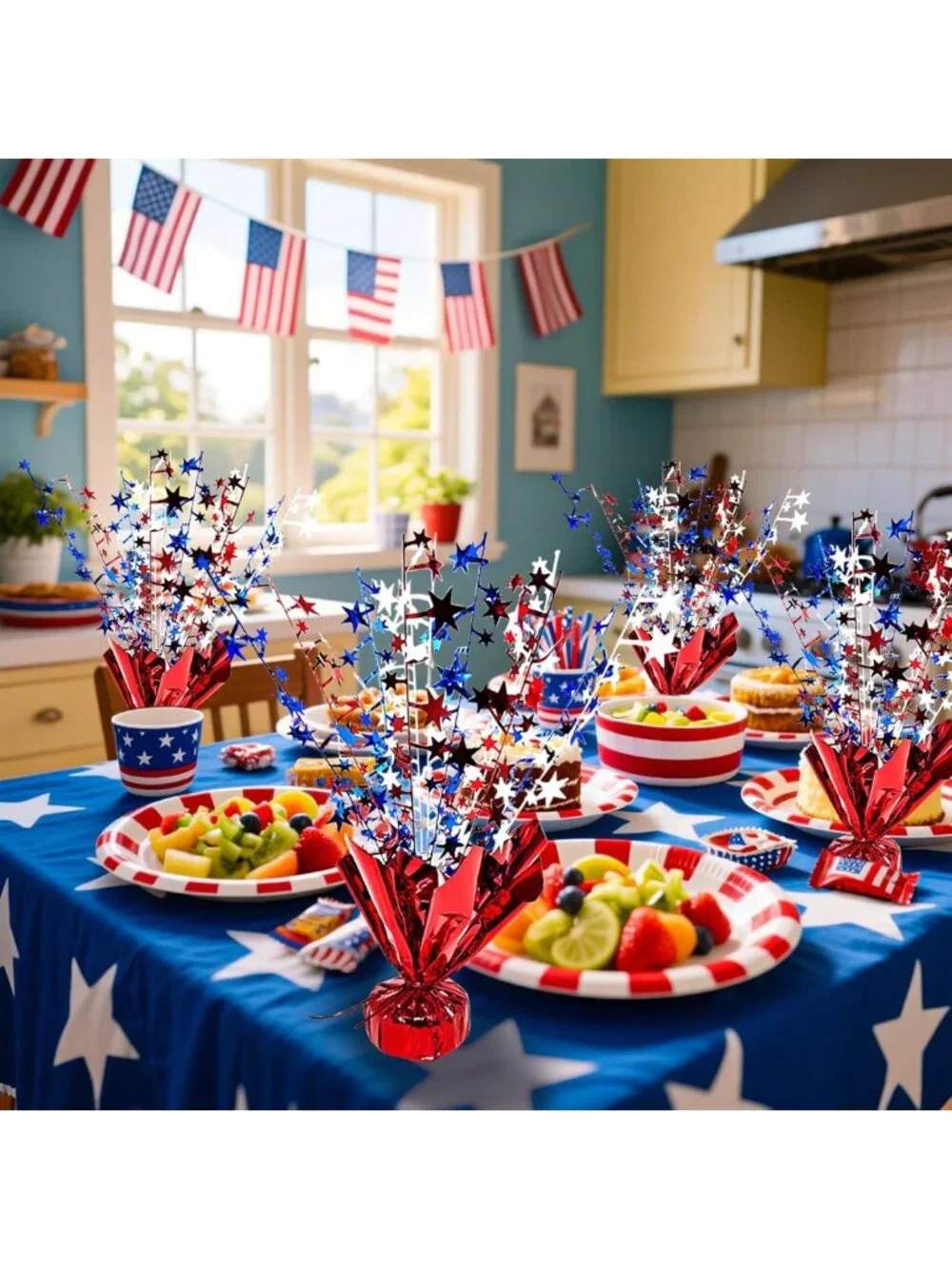 6 Pack Patriotic Table Centerpiece Decorations - Metallic Star Burst for 4th of